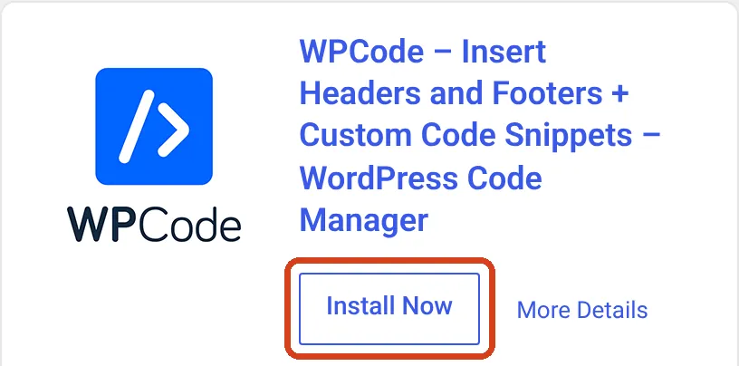 The WPCode plugin with its Install Now button circled