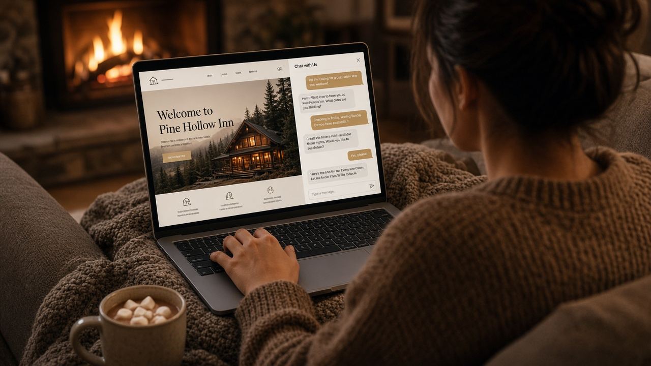 A guest relaxing by the fireplace, typing a question into an inn's chat window on her laptop