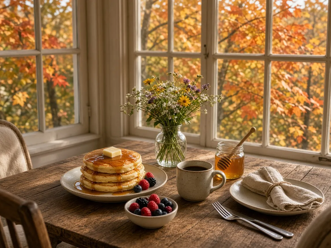 Pancakes with maple syrup, berries and coffee in the sunroom