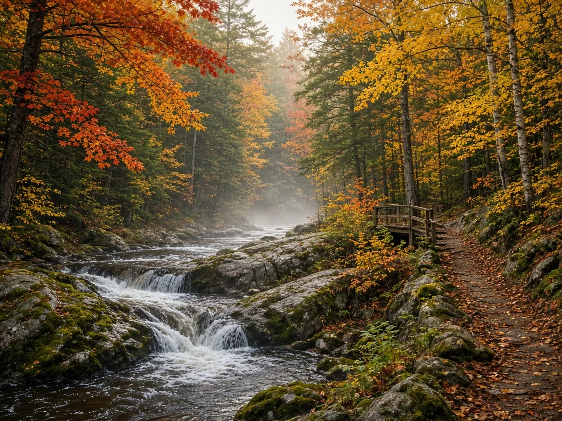 A waterfall over mossy rocks in autumn woods