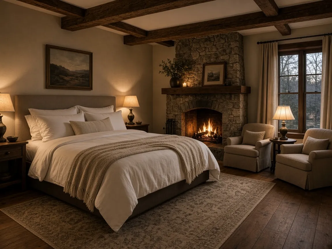 Fireplace Suite with a king bed, wooden beams and a stone fireplace