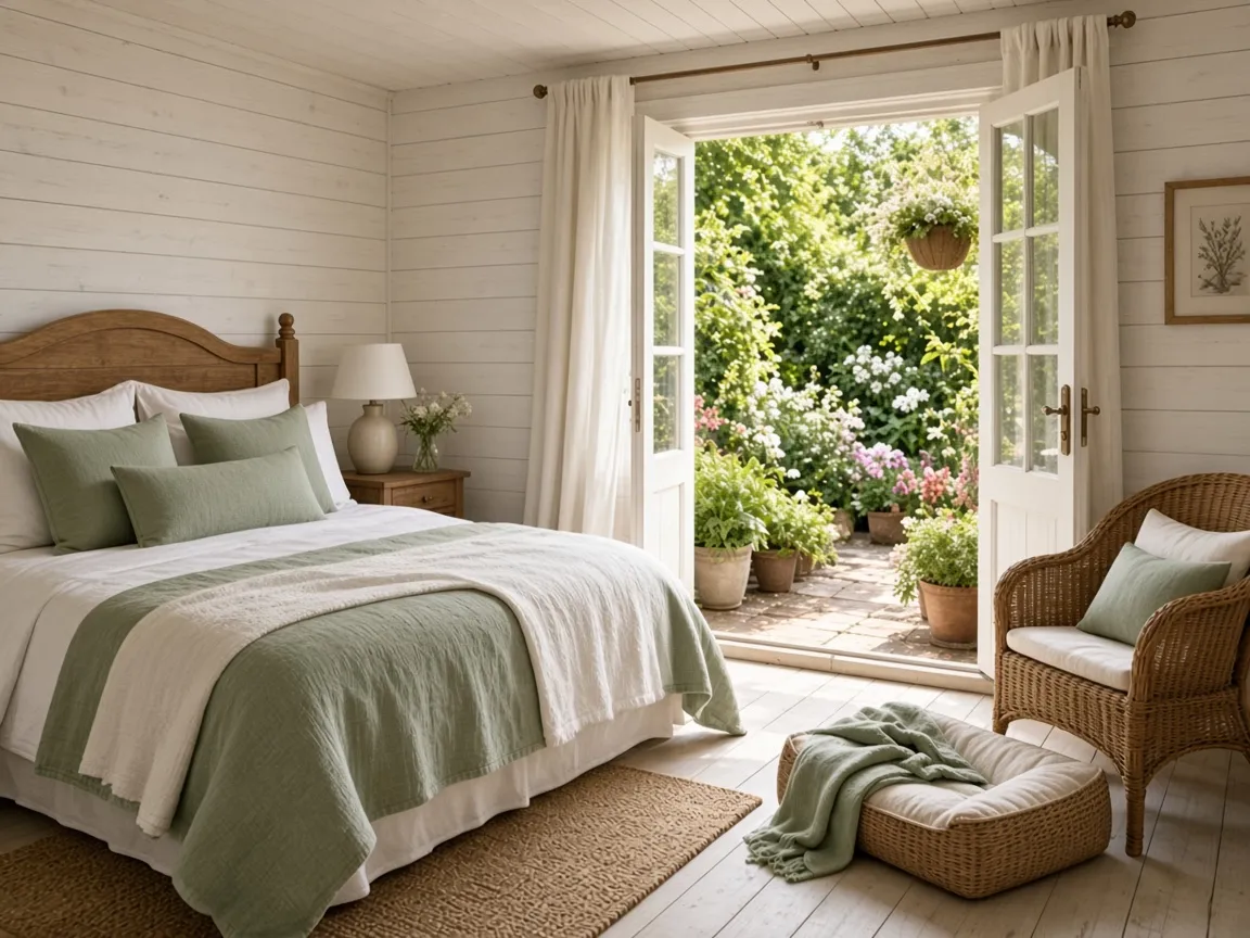 Garden Room with sage linens and French doors open to the garden
