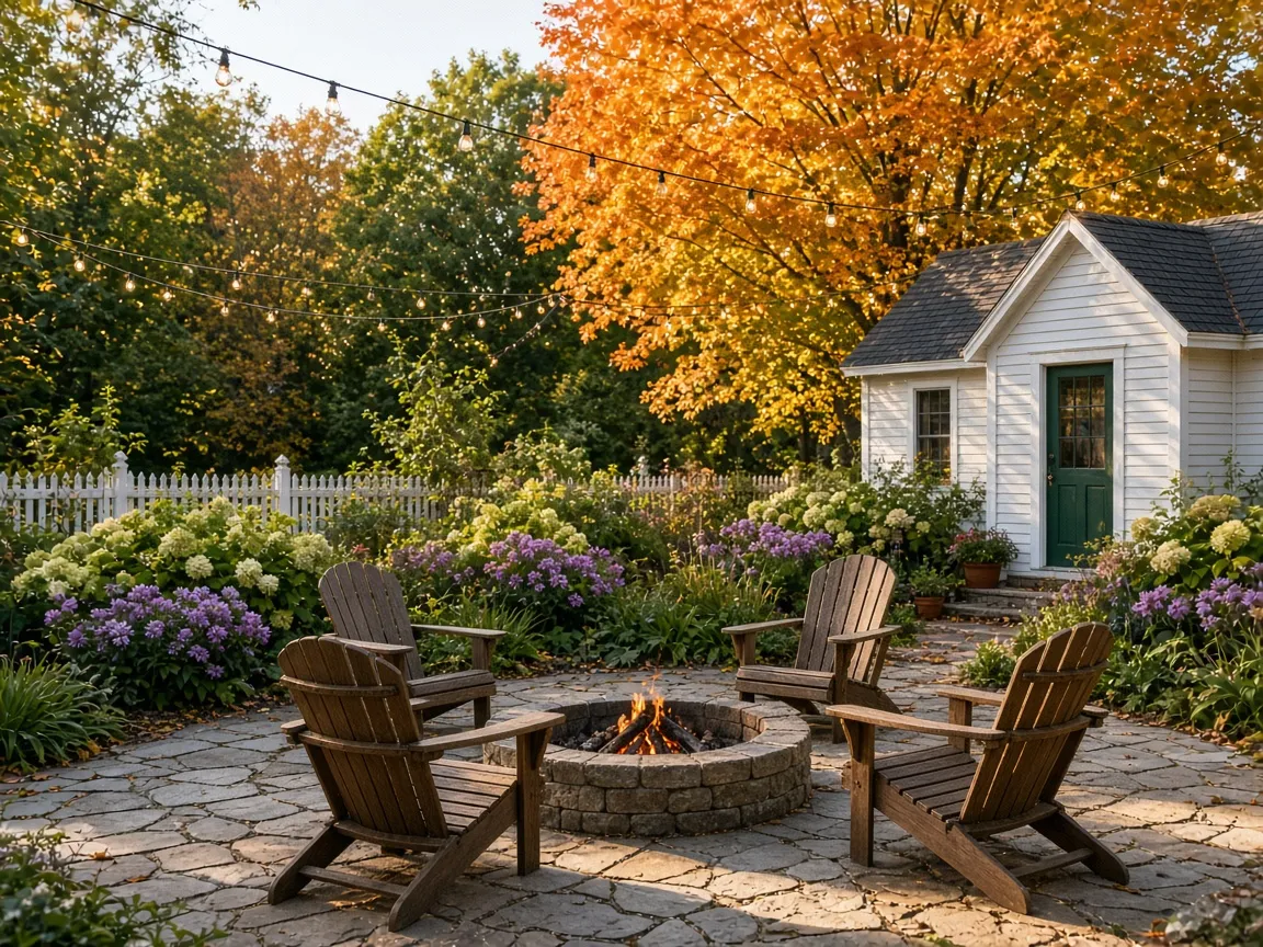 Garden patio with Adirondack chairs around a fire pit
