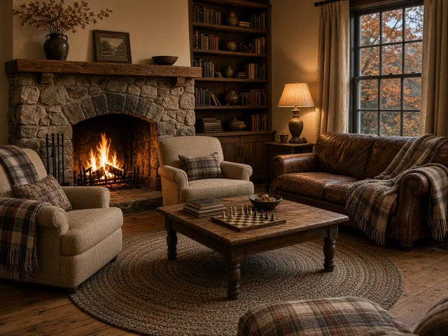 Parlor with fireplace and bookshelves