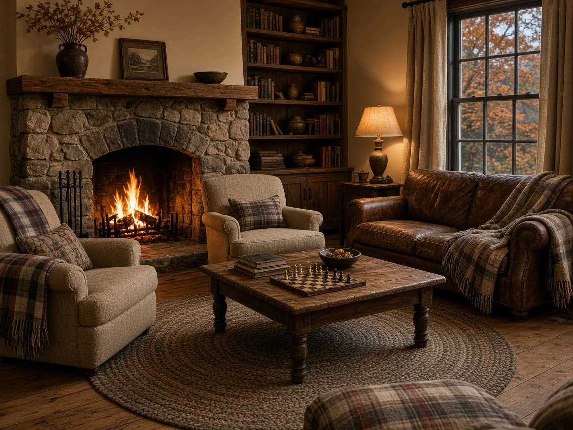 The parlor with a stone fireplace, armchairs and plaid throws