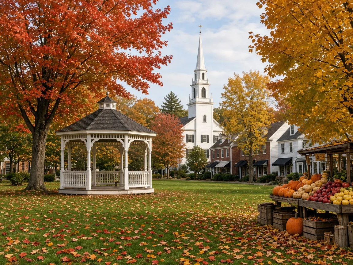 A village green with a white gazebo and a steepled meeting house