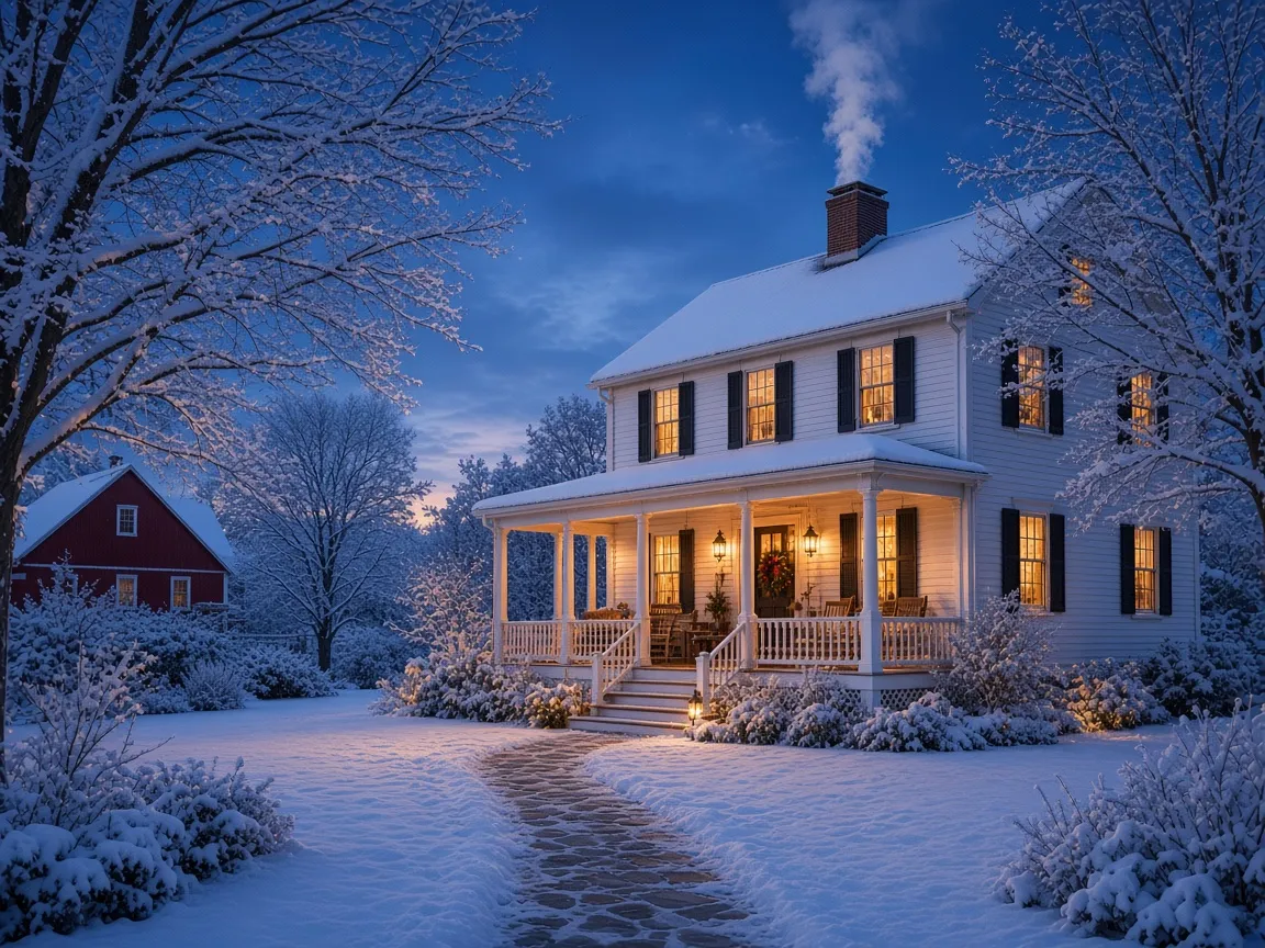 Maple Hollow Inn on a snowy winter evening, every window lit